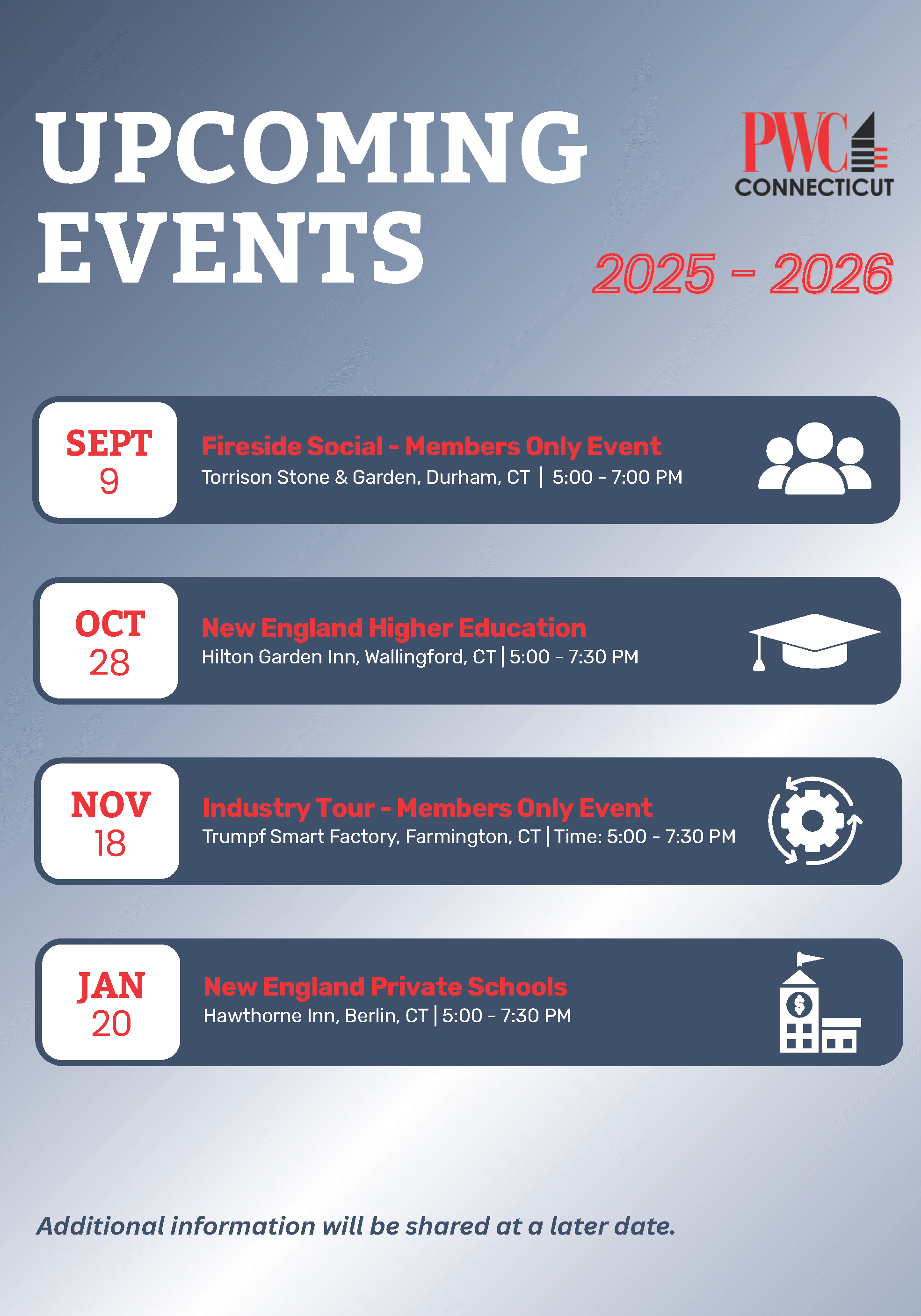 List of upcoming PWC CT Events for September 2025 through January 2026
